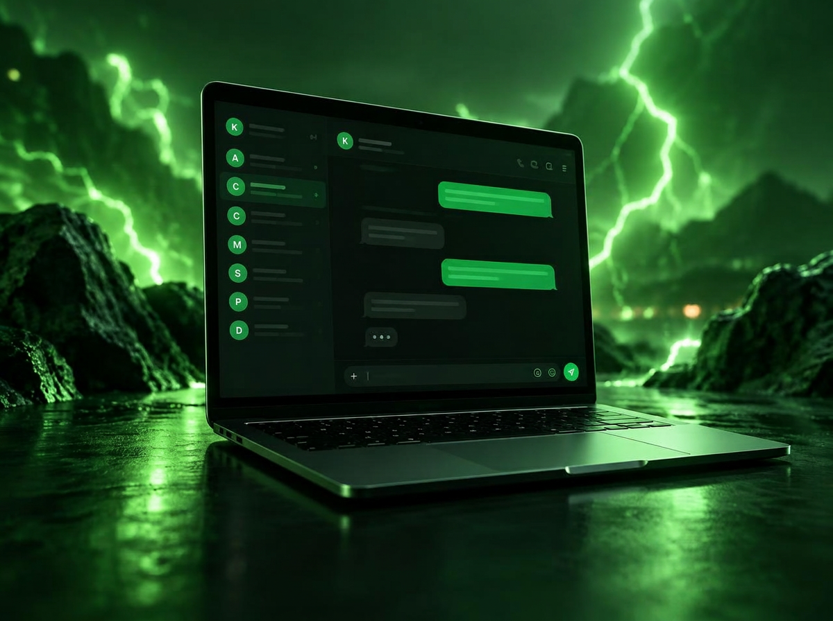 Laptop showing a Hamshake conversation on a rich green background with glowing lightning